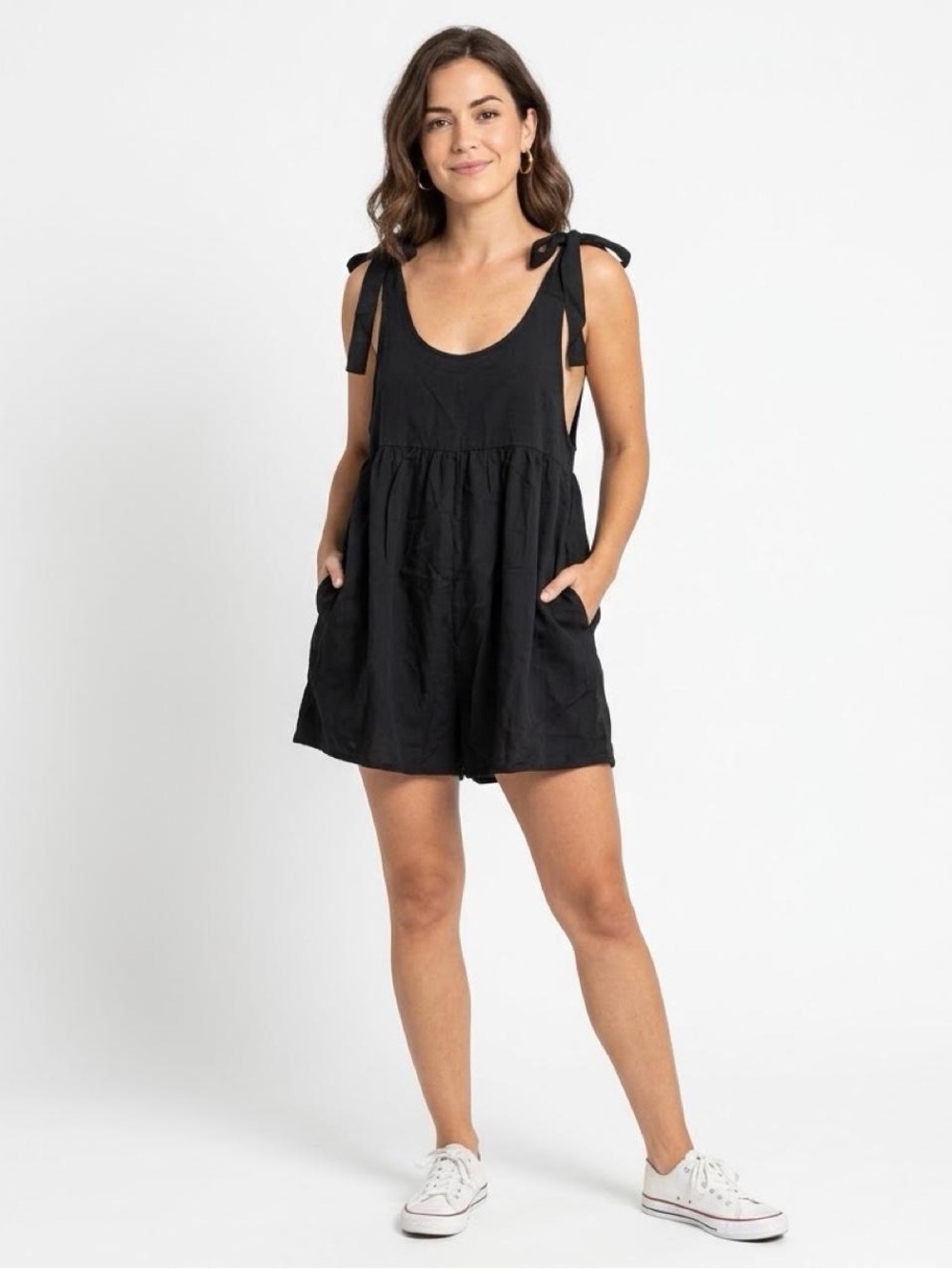 SHEIN Black Tie Shoulder Babydoll Romper Size S